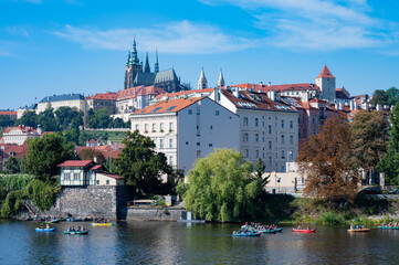 Fototapeta premium Prague, Czech Republic - September 28, 2023 - View of Charles Bridge, old town, Vltava River during Prague National Day.