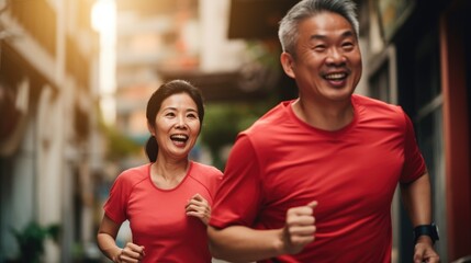 Healthy lifestyle concept middle aged Asian couple during jogging workout through the streets of their neighbourhood. Sports as the best remedy for aging - obrazy, fototapety, plakaty