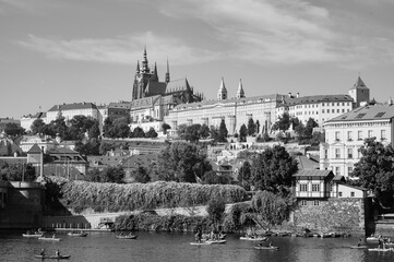 Prague, Czech Republic - September 28, 2023 - View of Charles Bridge, old town, Vltava River during Prague National Day.