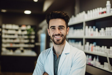 Fototapeta premium Portrait of professional handsome man working in the apothecary AI generative montage