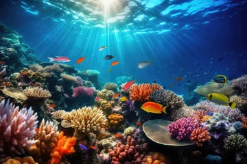 Fototapeten beautiful underwater world blue reef on sunny day © krissikunterbunt