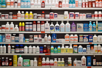 Image of of various pharmaceutical bottles on pharmacy shelves generative AI - obrazy, fototapety, plakaty