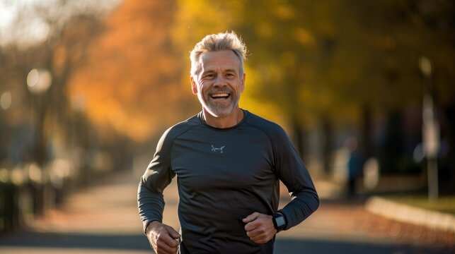 Keeping fit in your 50s. Smiling middle aged man during a running workout in the autumn park. Jogging in the autumn park