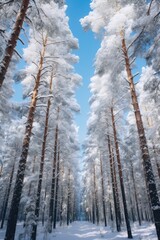 Tall pine trees stand covered in snow, with the early morning light casting a soft glow over the tranquil forest landscape