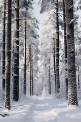 Tall pine trees stand covered in snow, with the early morning light casting a soft glow over the tranquil forest landscape