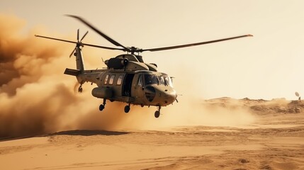 Military operation in desert. Helicopter landing and landing of infantry
