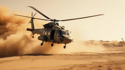 Ingelijste posters Military operation in desert. Helicopter landing and landing of infantry © Usman
