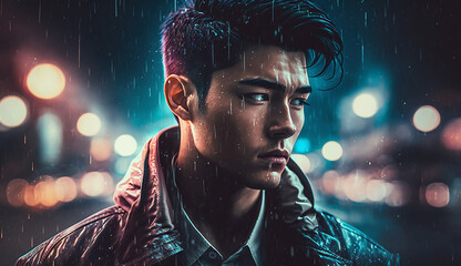 Attractive asian male in a moody scene with urban cinematic atmosphere 