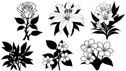 Stylish silhouette set of flowers - obrazy, fototapety, plakaty