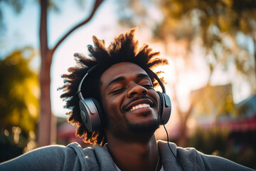 Handsome cheerful relaxed man in headphones traveling in the city and listening to music generative...