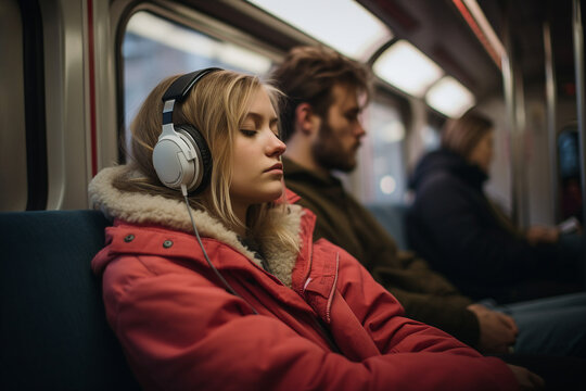 Dreamy relaxed charming lady in headphones listening to music relaxing in train generative ai
