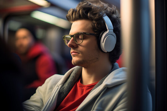 AI generated picture of young people in headphones listening and relaxing in bus