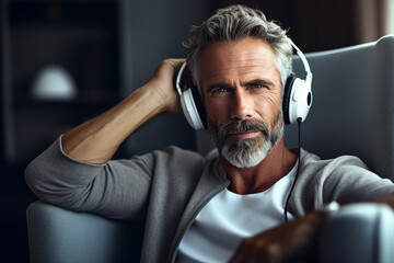 AI generated picture of relaxed man in headphones listening to music audio song relaxing in...