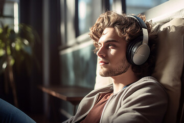 AI generated image of relaxed dreamy man in headphones listening to music song in apartment