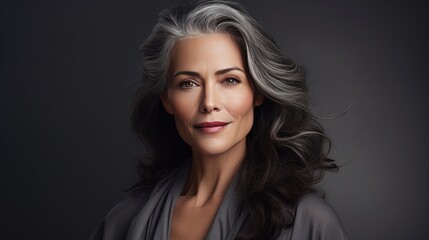 Naklejka premium Confident mature woman with natural makeup on gray background. Beauty and elegance.