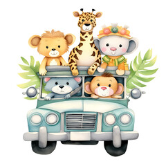 Obraz na płótnie Canvas Cute Little Safari Animals In Car Watercolor Clipart Illustration