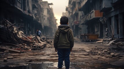 Stop the war. Back view of a little boy in dirty clothes stands in the middle of a bombed out street and looking at ruined city - obrazy, fototapety, plakaty