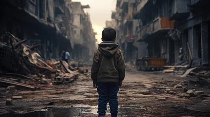 Fotobehang Stop the war. Back view of a little boy in dirty clothes stands in the middle of a bombed out street and looking at ruined city © Usman