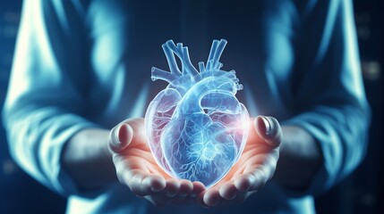 Human heart 3d organ hologram held by female medic close-up image