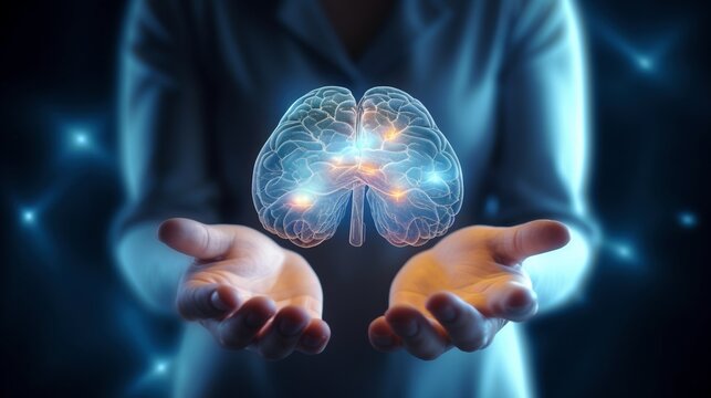 Brain 3d organ hologram held by female physician close-up image