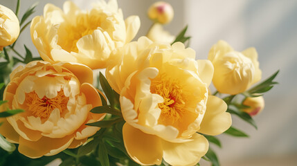 Obraz na płótnie Canvas Bouquet of stylish peonies close-up. Yellow peony flowers. Close-up of flower petals. Floral greeting card or wallpaper. Delicate abstract floral pastel background. Greeting card. Generated AI
