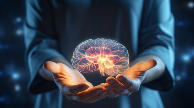Brain activity 3d organ hologram held by woman close-up image