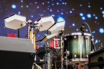 drum with microphone on stage close up