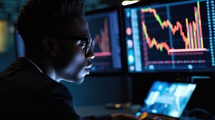 Trading cryptocurrency and securities. A young financial analyst in glasses works in front of a laptop monitor. Track quotes in real time