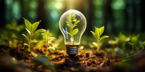 Vibrant green sprout growing inside a light bulb in a sunlit forest, symbolizing eco-friendly energy and sustainable living with bokeh lights - obrazy, fototapety, plakaty