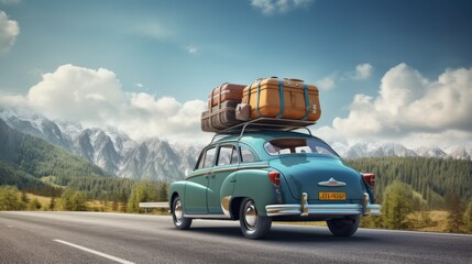 Travelling by car. Back view of a retro car with luggage on the roof. Car on the road with a lot of...