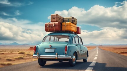 Travelling by car. Back view of a retro car with luggage on the roof. Car on the road with a lot of suitcases on roof. Family travel on vacation