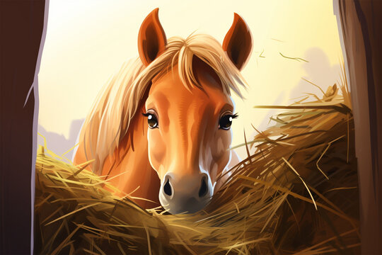 cartoon illustration of a horse in a grass nest