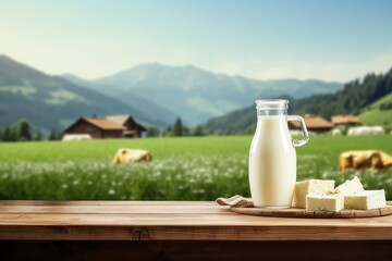 Empty wooden table with cheese and glass of milk. Cows grazing in the meadow in the background. Natural stage, background suitable for products or products for presentation - obrazy, fototapety, plakaty