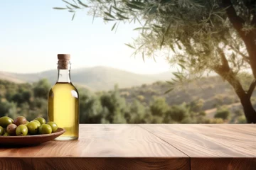 Fotobehang Empty wooden table with olives and a bottle of olive oil. Natural podium, background suitable for products presentation © Lubos Chlubny