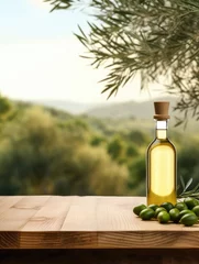 Fototapeten Empty wooden table with olives and a bottle of olive oil. Natural podium, background suitable for products presentation © Lubos Chlubny