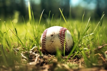 Baseball ball in grass.