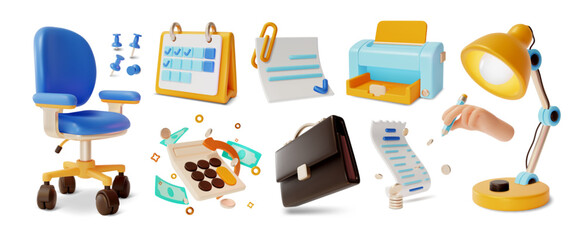 3d Office Icon Set Cartoon Style Include of Calculator, Chair, Calendar, Printer and Lamp. Vector illustration