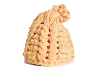 yellow winter knitted wool hat isolated on white background
