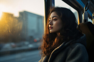 Young beautiful woman sitting on a city bus on sunny morning, young female passenger riding on public transportation