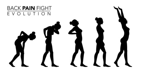 Back pain fight evolution. Silhouette template conception. Vector illustration
