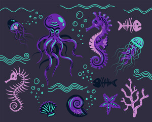 Obraz premium Vector illustration with underwater sea creatures: fish, octopuses, seahorses, jellyfish, shells, scallops, starfish, corals