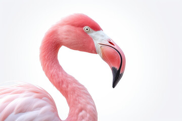 close up of a pink flamingo on white background