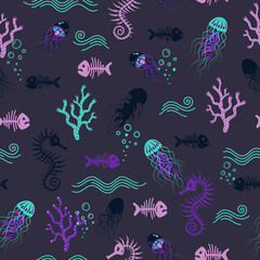 Fototapeta na wymiar Sea pattern on a dark blue background with underwater sea creatures