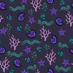 Sea pattern on a dark blue background with underwater sea creatures