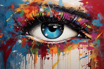An artistic drawing of the eye painted with paints.