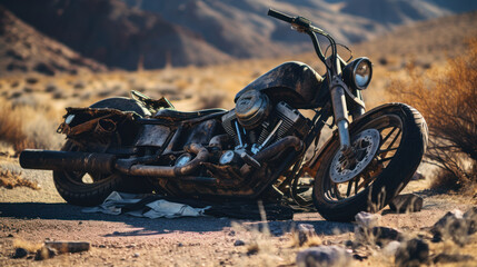 Crashed and destroyed motorcycle on the roadside