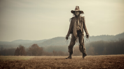 Monster scarecrow zombie in the field, morning fog