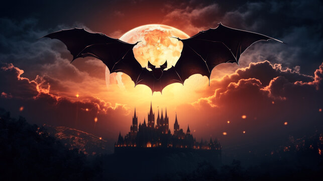 Bat in night sky, full Moon and vampire castle