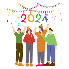 Fototapeta premium Happy Girls and Guys in Casual Clothes Jumping in Air And Laughing together concept vector icon design, 2024 welcome symbol, festive holiday season sign, new year party people scene stock illustration