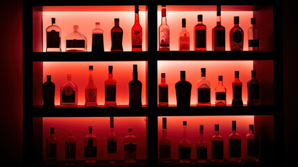 Back lit bottles in a cocktail bar, vibrant neon red light